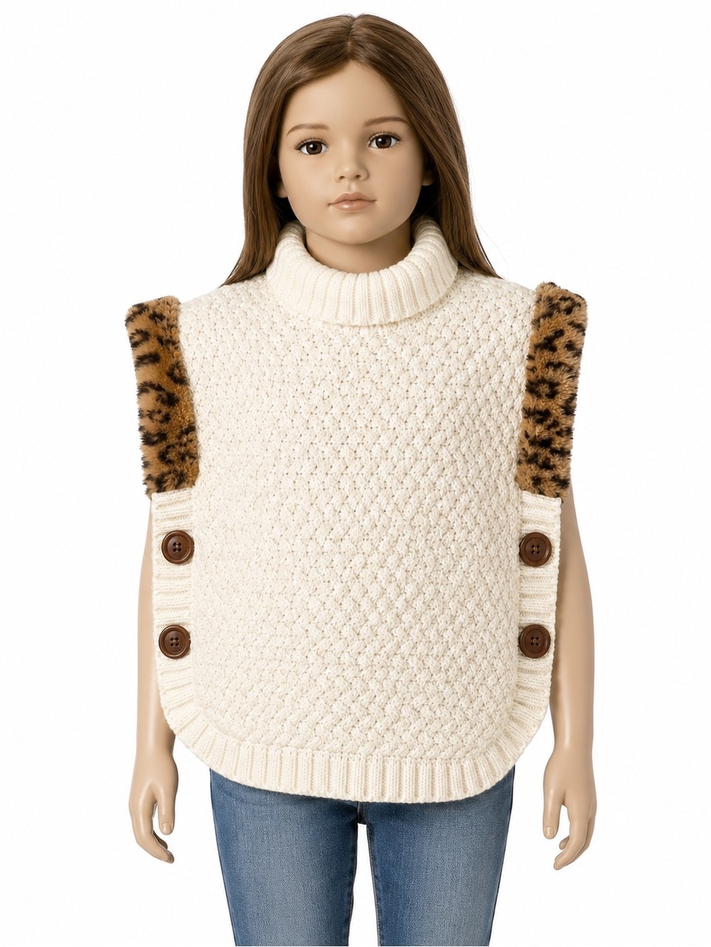 Aspen Kids Cream Knit Turtleneck Poncho with Leopard Trim
